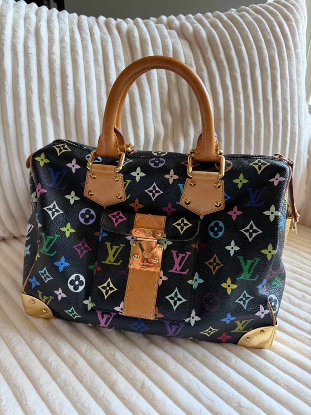 Louis Vuitton Black Multicolor Monogram Satchel with Tan Trim